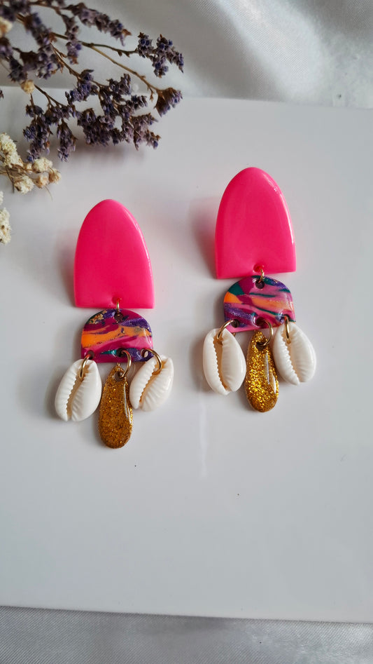 Boucles d'oreilles rose fluo/coquillages "Color Party"