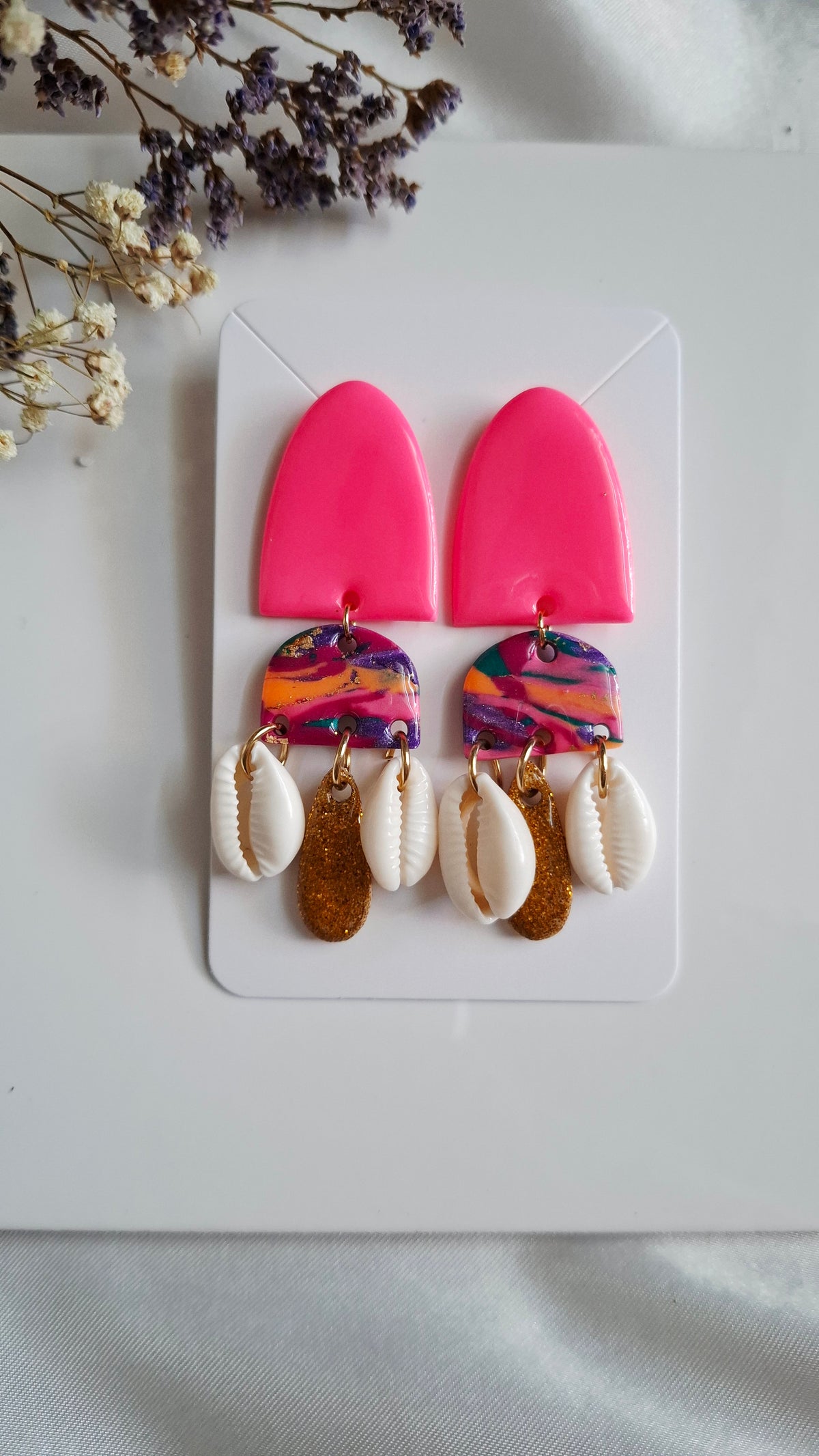 Boucles d'oreilles rose fluo/coquillages "Color Party"
