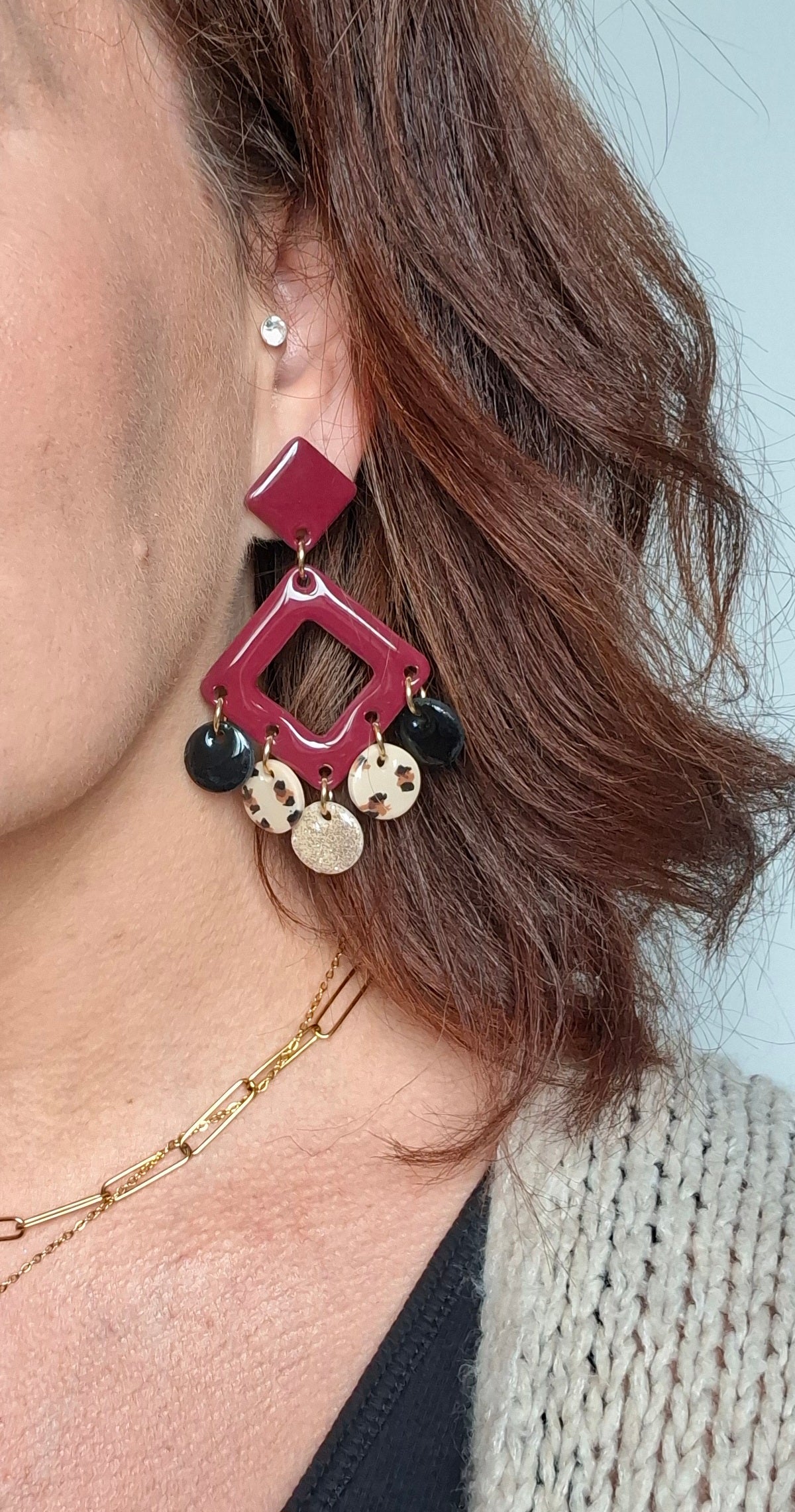 Boucles d’oreilles bordeaux et léopard