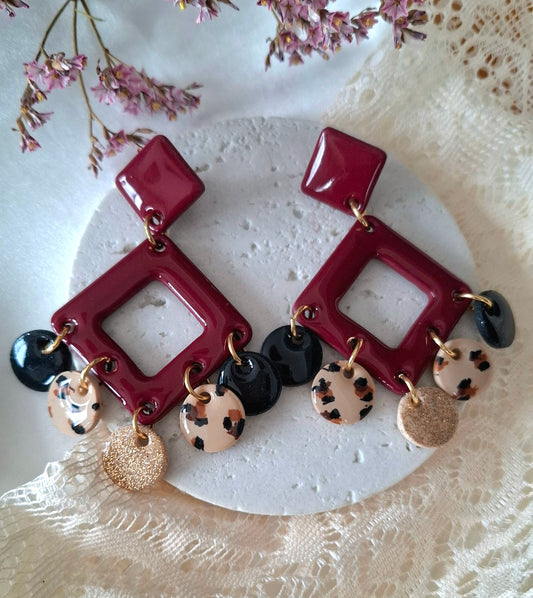 Boucles d’oreilles bordeaux et léopard