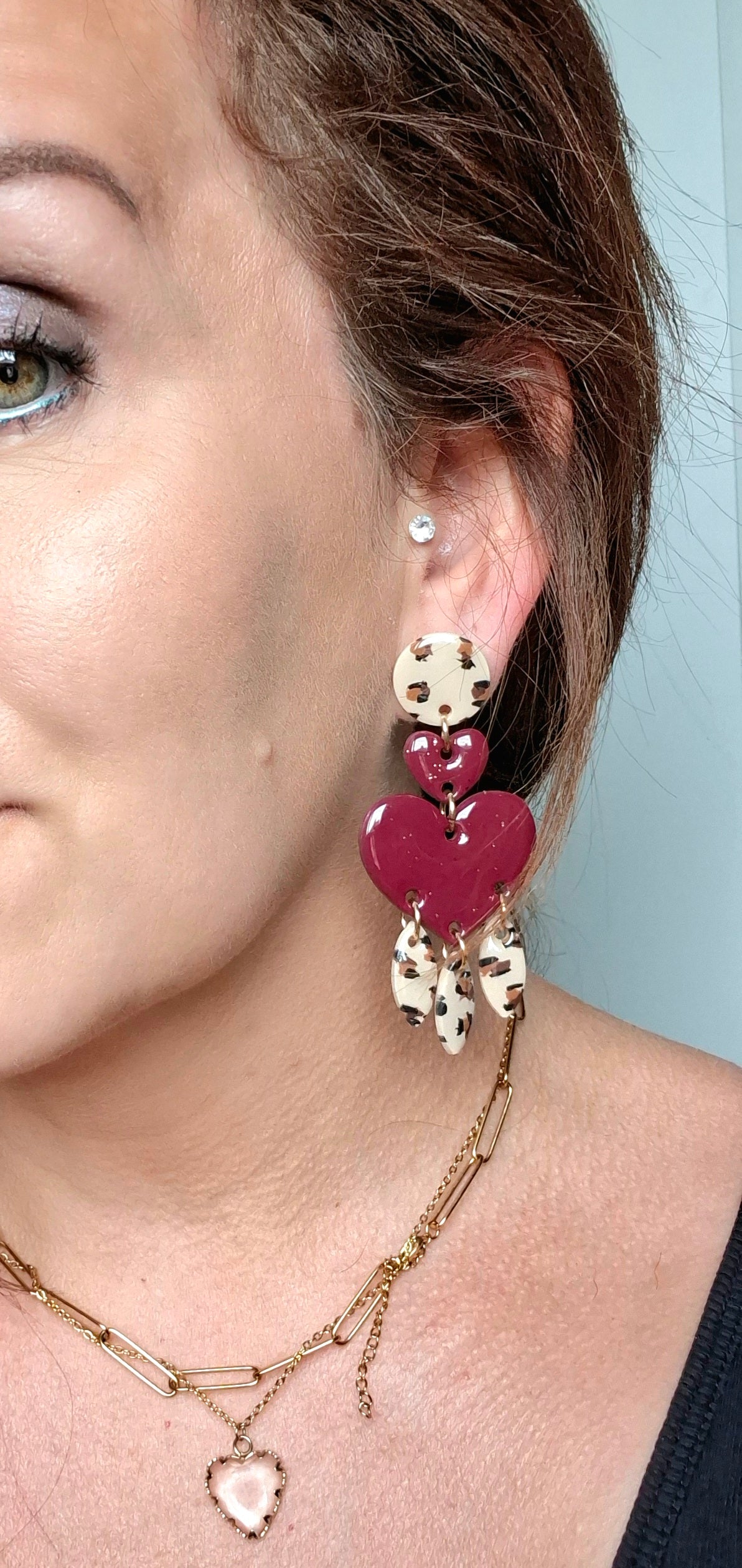Boucles d’oreilles coeur bordeaux et léopard